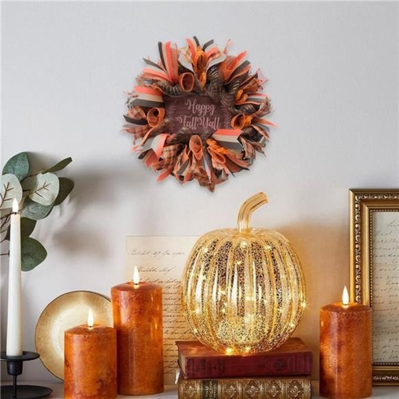 16 Inch Fall Mesh Deco Wreath, Happy Fall Wood Sign Ribbon Wreath Orange Wreath - Picture 2 of 6